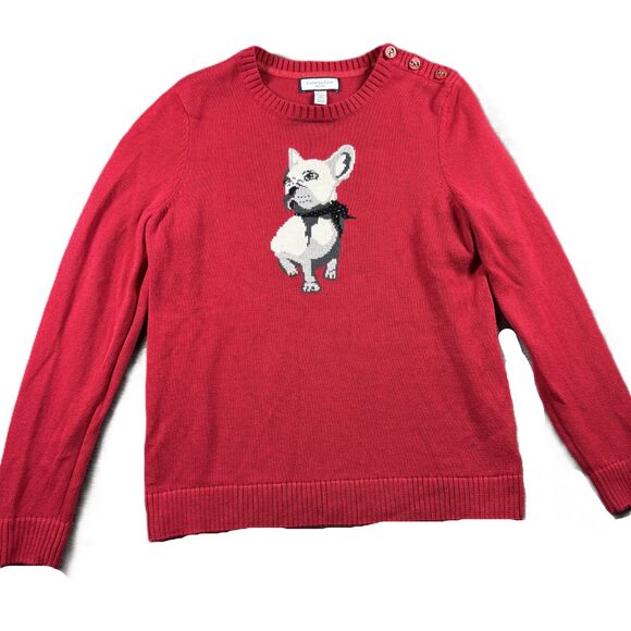 Charter Club Women Sweater French Bulldog Bling Cute Red Petite Large PL I113 - Picture 1 of 9